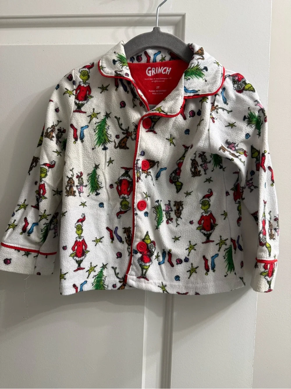 Grinch Kids White Holiday Pajama Set with Red Trim